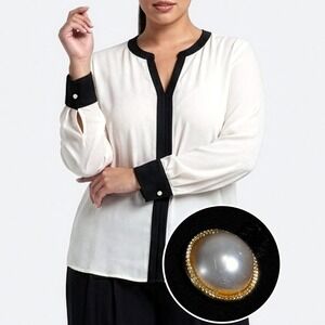 Chico's Contrast Blouse Pearl Cuff Cream Black 0X Plus Old Money Minimalist